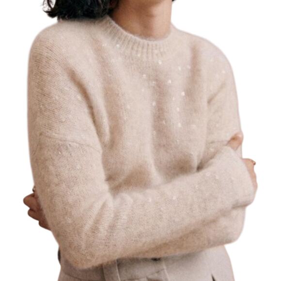 Sezane Ludivine Jumper Sweater Womens Small Beige Silver Polka Dot Mohair Wool - Picture 2 of 11